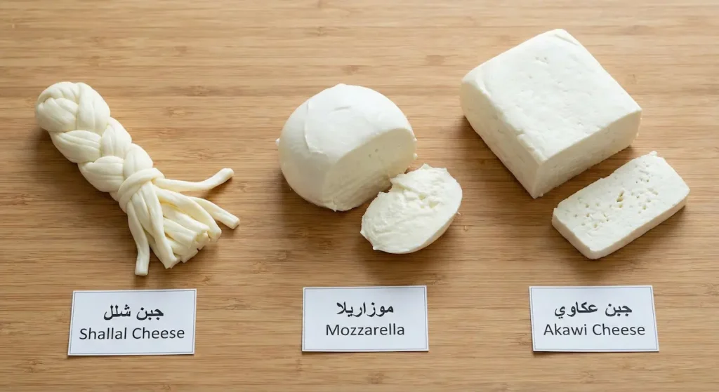 ثلاثة أنواع من الجبن المستخدم في حلاوة الجبن مرتبة من اليمين إلى اليسار الجبن العكاوي والموزاريلا وجبن الشلل مع شرائح مقطوعة تُظهر القوام الداخلي