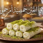 صينية حلاوة الجبن السورية الأصلية المحشوة بالقشطة والمزينة بالفستق الحلبي على طبق نحاسي تراثي مع عنوان المقالة حلاوة الجبن حمصية أم حموية