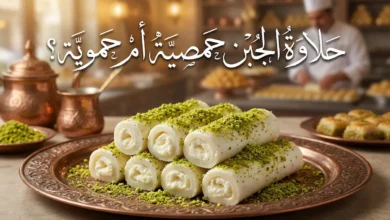 صينية حلاوة الجبن السورية الأصلية المحشوة بالقشطة والمزينة بالفستق الحلبي على طبق نحاسي تراثي مع عنوان المقالة حلاوة الجبن حمصية أم حموية