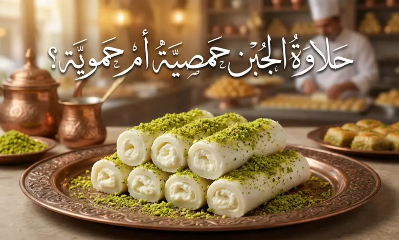 صينية حلاوة الجبن السورية الأصلية المحشوة بالقشطة والمزينة بالفستق الحلبي على طبق نحاسي تراثي مع عنوان المقالة حلاوة الجبن حمصية أم حموية