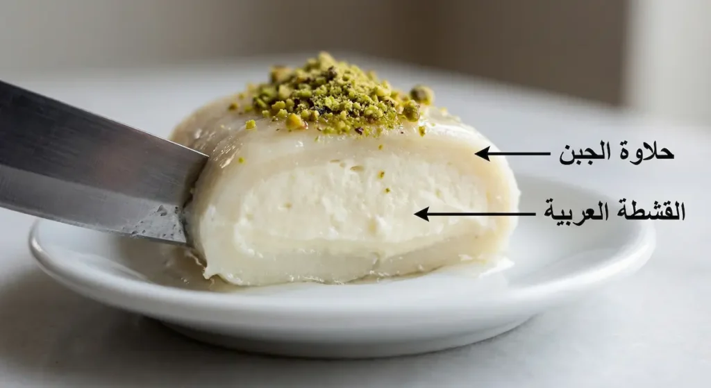 مقطع عرضي لقطعة حلاوة الجبن يُظهر طبقة العجينة الخارجية الرقيقة وحشوة القشطة العربية الداخلية مع حبات الفستق الحلبي على السطح