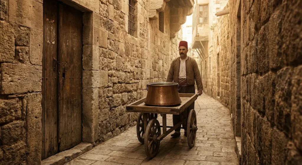 مشهد تخيلي لزقاق حموي قديم في أواخر القرن التاسع عشر يظهر فيه بائع حلاوة الجبن يدفع عربته الخشبية بقدر نحاسي