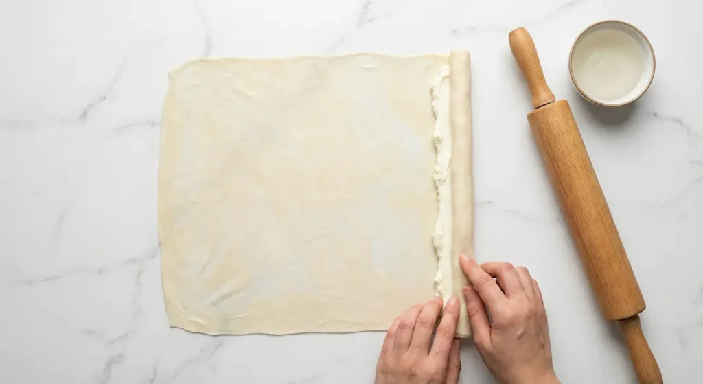 مرحلة مد عجينة حلاوة الجبن على سطح رخامي ولفها فوق حشوة القشطة العربية من اليمين إلى اليسار مع وجود شوبك خشبي ووعاء قطر