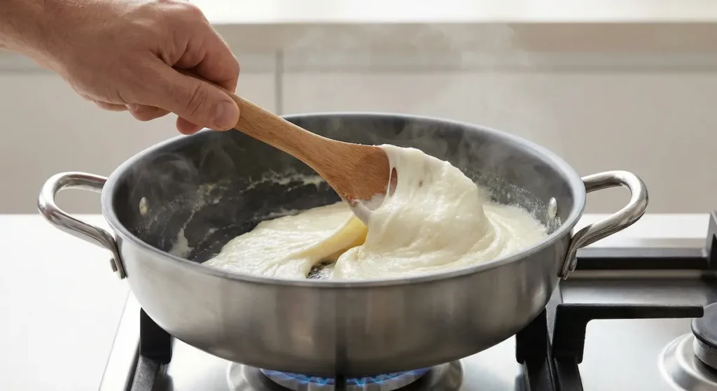 مرحلة تمحيط الجبن في قدر غير لاصق على النار حيث تظهر العجينة المتماسكة اللامعة تنفصل عن جدار القدر أثناء التحريك بملعقة خشبية