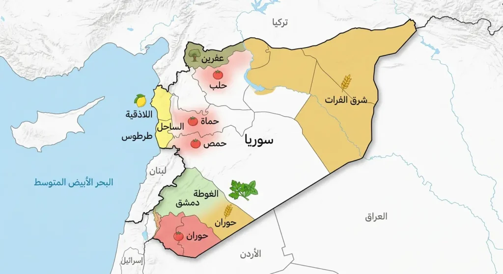 خريطة جغرافية لسوريا تُظهر مناطق إنتاج زيت الزيتون في عفرين والبرغل في حوران والأعشاب في الغوطة