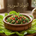 طبق تبولة سورية تقليدية يحتوي على البقدونس المفروم والبندورة والبرغل مُقدَّم في صحن فخاري مع أوراق الخس