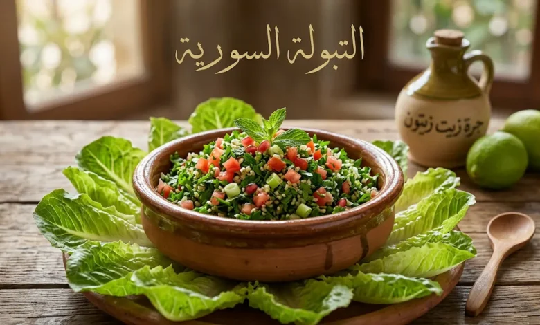 طبق تبولة سورية تقليدية يحتوي على البقدونس المفروم والبندورة والبرغل مُقدَّم في صحن فخاري مع أوراق الخس