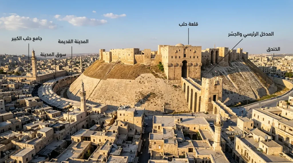 منظر جوي لقلعة حلب فوق تلّها الاصطناعي المرتفع 50 متراً محاطة بأبنية المدينة القديمة التاريخية