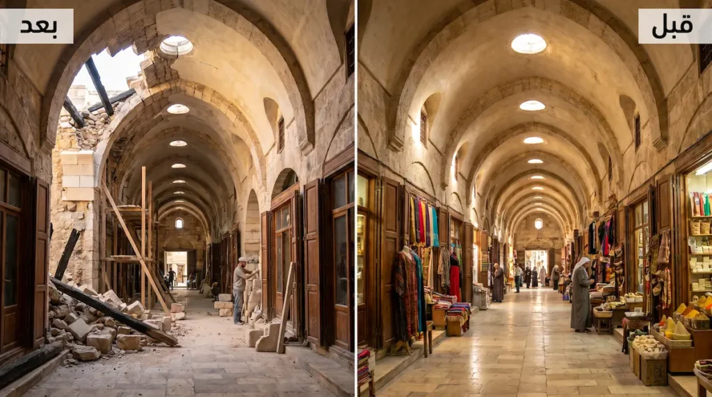 مقارنة بصرية بين سوق حلب القديم المسقوف قبل الصراع بأقواسه الحجرية ومحاله النابضة بالحياة، وبعد الأضرار مع بداية أعمال الترميم