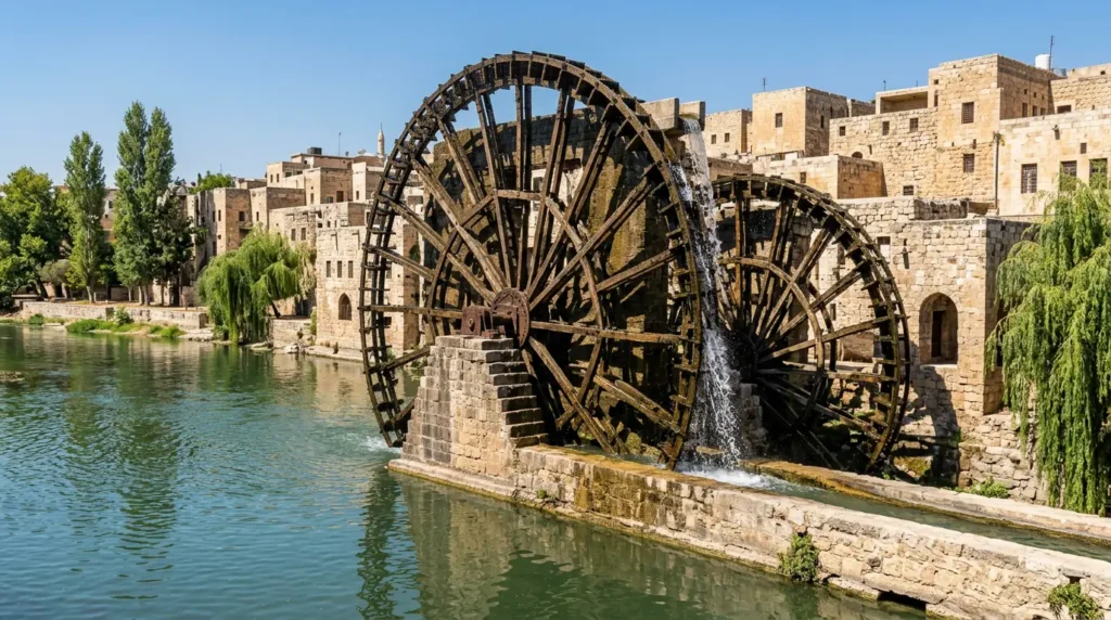 نواعير حماة الخشبية العملاقة على نهر العاصي ترفع المياه إلى القنوات الحجرية مع خلفية أبنية المدينة القديمة