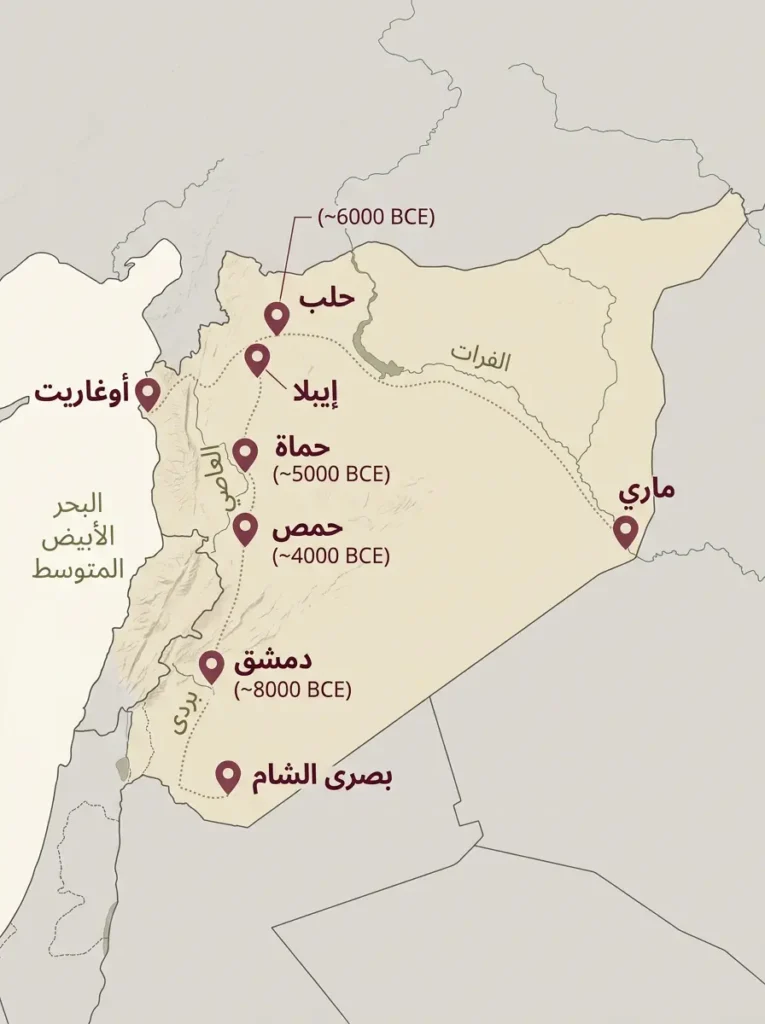 خريطة توضيحية لسوريا تحدّد مواقع أقدم مدنها المأهولة والأثرية مع تواريخ تأسيسها التقريبية وطرق التجارة القديمة