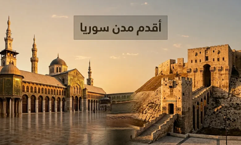 صورة غلاف تجمع الجامع الأموي في دمشق وقلعة حلب مع طبقات أثرية رمزية تمثل أقدم مدن سوريا عبر التاريخ