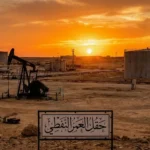 منظر بانورامي لحقل العمر النفطي في دير الزور عند غروب الشمس، تظهر فيه أبراج استخراج النفط وخزانات التخزين والمنشآت الصناعية وسط المشهد الصحراوي