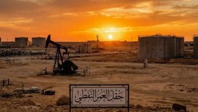 منظر بانورامي لحقل العمر النفطي في دير الزور عند غروب الشمس، تظهر فيه أبراج استخراج النفط وخزانات التخزين والمنشآت الصناعية وسط المشهد الصحراوي