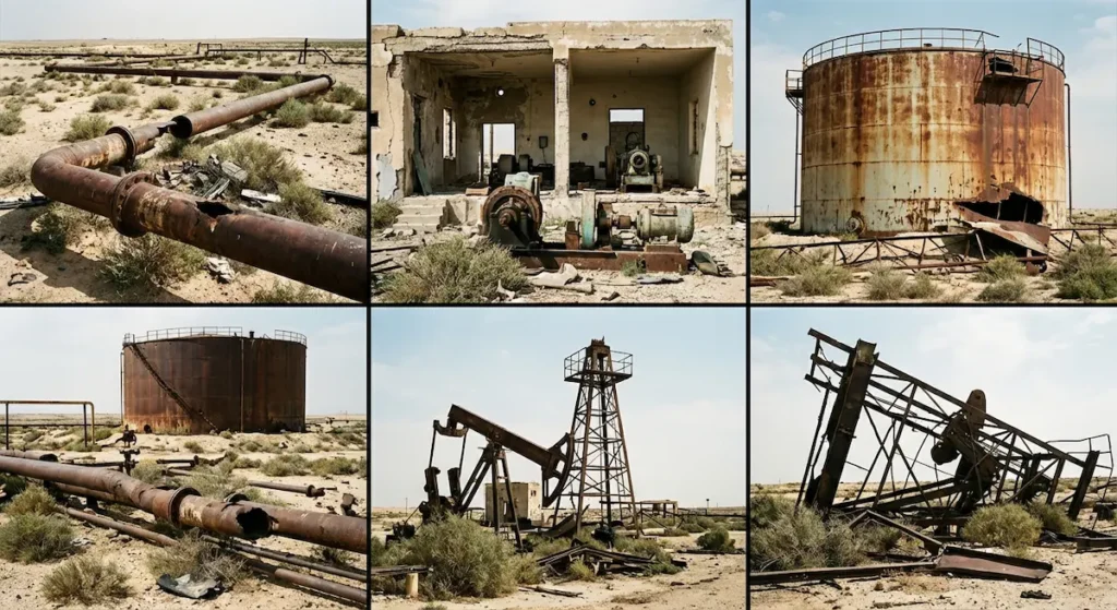 منشآت نفطية متضررة ومتآكلة في حقل العمر تشمل أنابيب صدئة وخزانات تالفة ومعدات مهجورة تحتاج إلى إعادة تأهيل