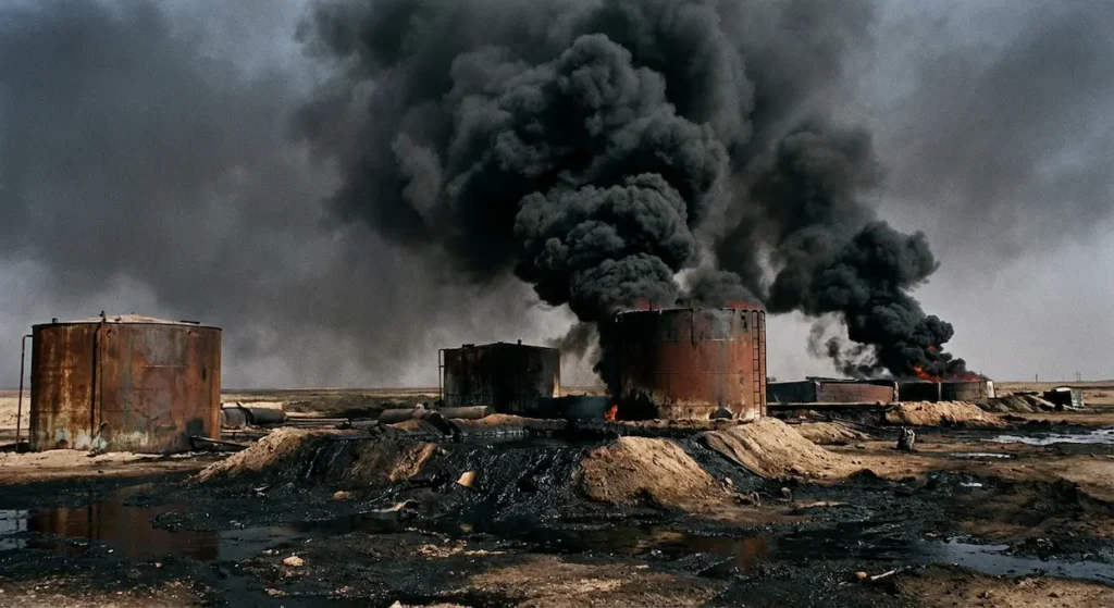حراقات نفط بدائية تتصاعد منها أعمدة دخان أسود كثيف في صحراء دير الزور، مع تلوث واضح للتربة بالنفط المتسرب