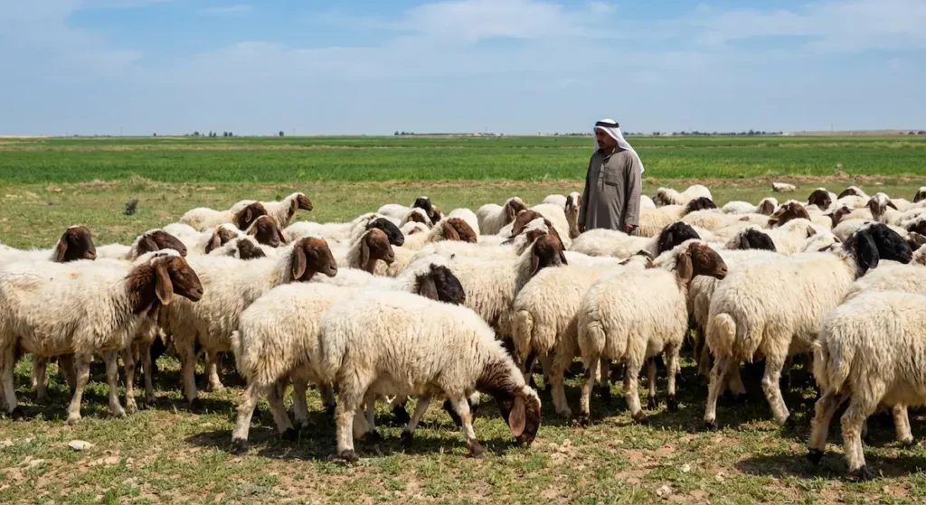 قطيع من أغنام العواس (النعيمي) في مرعى طبيعي بمحافظة الرقة السورية