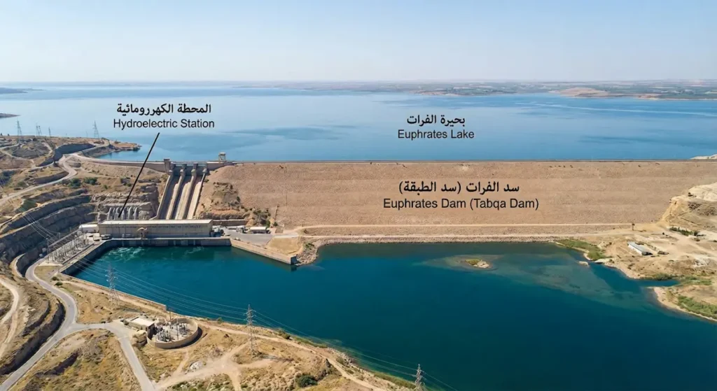 منظر جوي لسد الفرات وبحيرة الفرات أكبر بحيرة اصطناعية في سوريا
