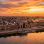 منظر جوي لمدينة الرقة السورية عند الغروب يُظهر نهر الفرات وأسوار الرافقة التاريخية