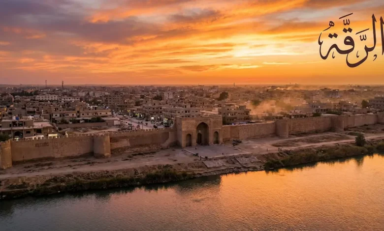 منظر جوي لمدينة الرقة السورية عند الغروب يُظهر نهر الفرات وأسوار الرافقة التاريخية