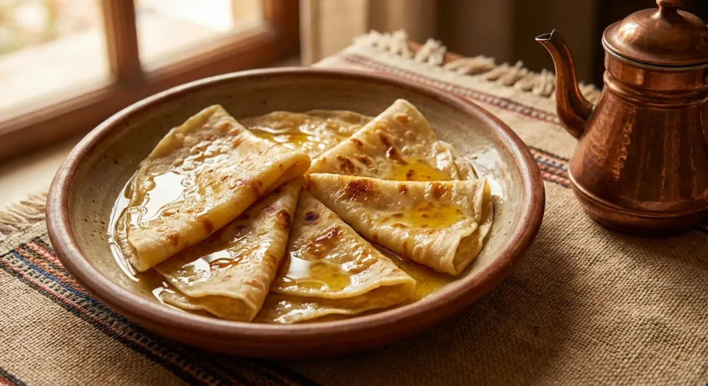 طبق السياييل الرقاوي التقليدي من خبز الصاج الرقيق مع السمن والقطر