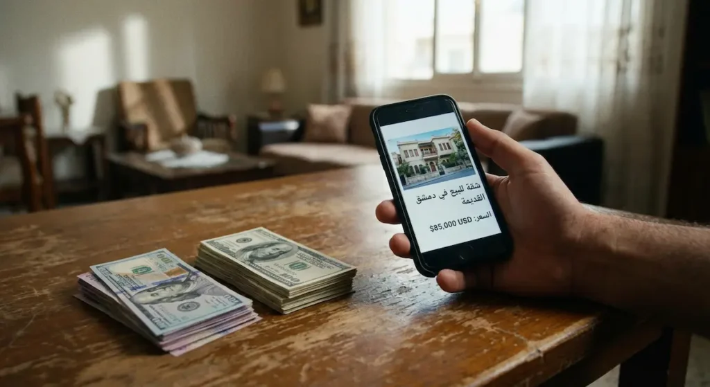  هاتف ذكي يعرض إعلان عقار بالدولار مع أوراق نقدية بالدولار والليرة السورية على طاولة