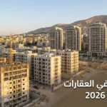 منظر بانورامي لمدينة دمشق يظهر مباني حديثة قيد الإنشاء مع رافعات بناء وأبراج سكنية مكتملة وجبل قاسيون في الخلفية مع نص الاستثمار في العقارات في سوريا 2026