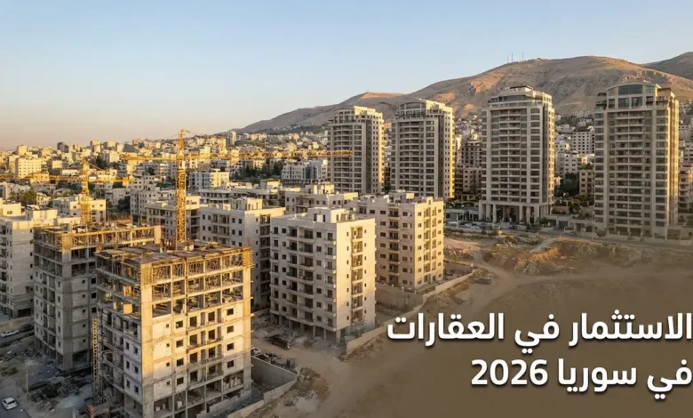 منظر بانورامي لمدينة دمشق يظهر مباني حديثة قيد الإنشاء مع رافعات بناء وأبراج سكنية مكتملة وجبل قاسيون في الخلفية مع نص الاستثمار في العقارات في سوريا 2026