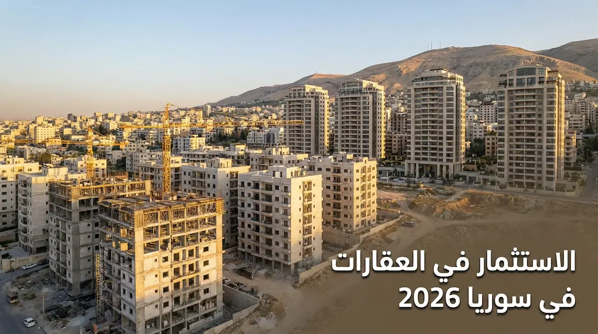 منظر بانورامي لمدينة دمشق يظهر مباني حديثة قيد الإنشاء مع رافعات بناء وأبراج سكنية مكتملة وجبل قاسيون في الخلفية مع نص الاستثمار في العقارات في سوريا 2026