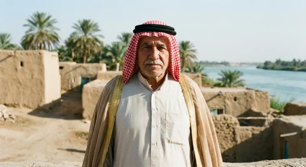 رجل من الرقة يرتدي الزي التقليدي الكلابية والحطة والعقال والعباءة