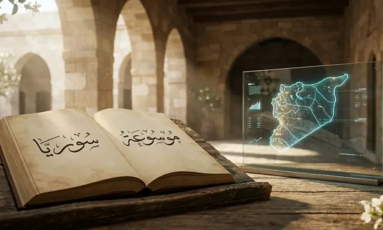 دمج التراث والحداثة في موسوعة سوريا - مخطوطة تاريخية بجوار جهاز لوحي يعرض خريطة سوريا الرقمية.