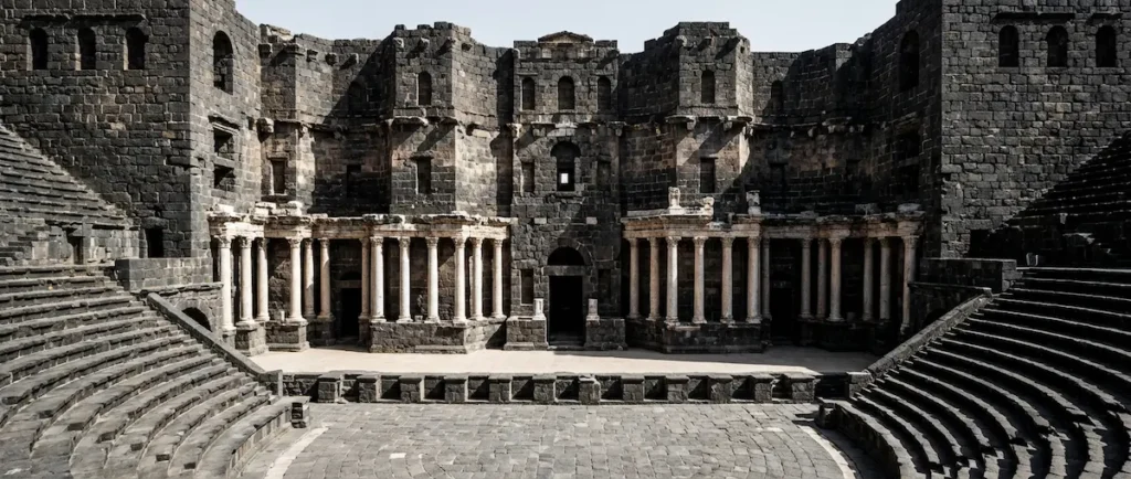 المسرح الروماني في بصرى الشام مبني من البازلت الأسود
