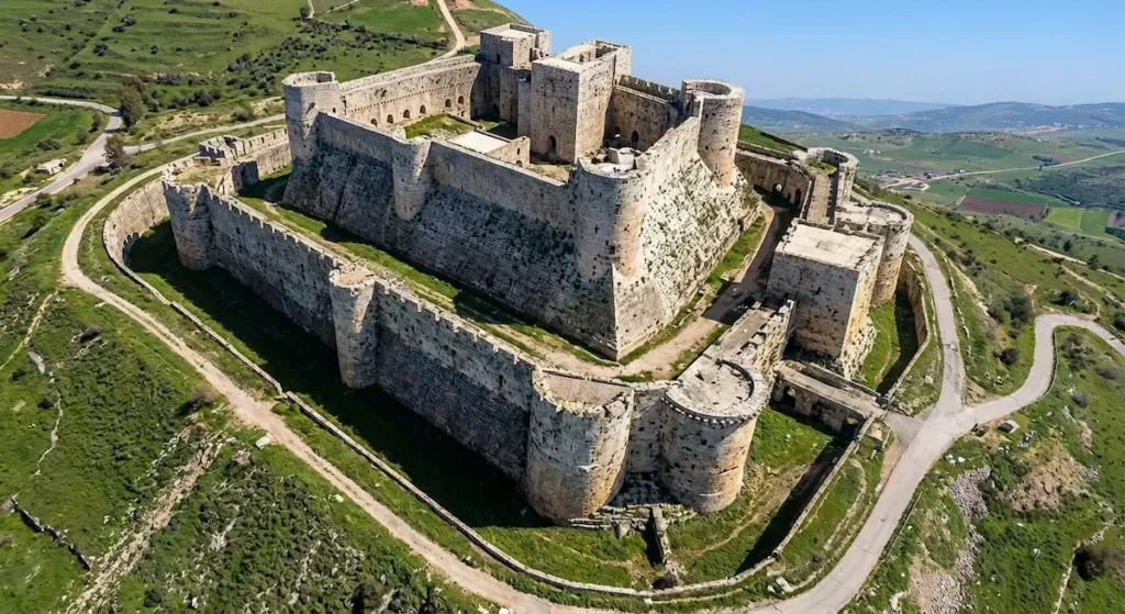 منظر جوي لقلعة الحصن يظهر الأسوار المزدوجة