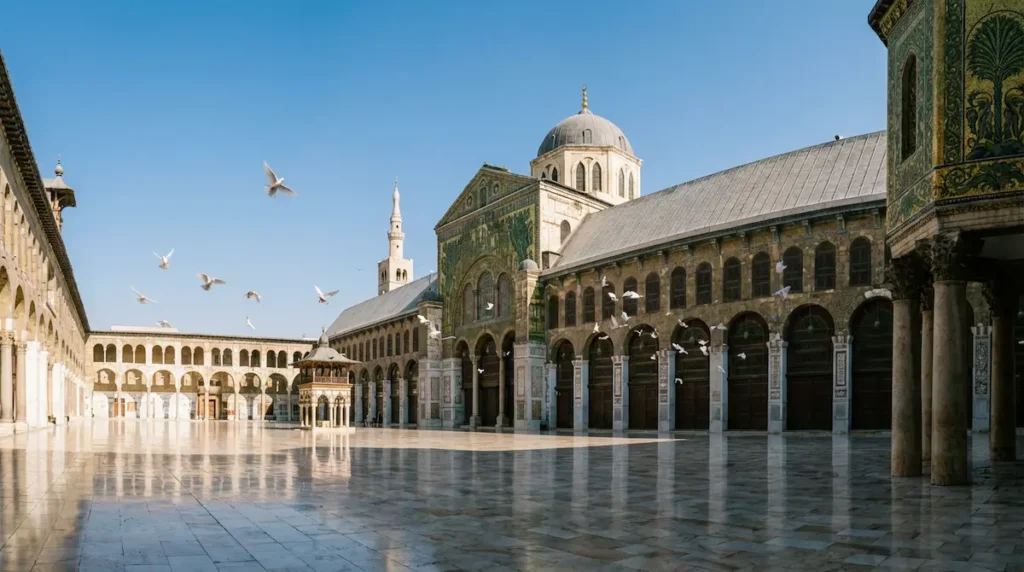 صحن الجامع الأموي في دمشق وواجهة الفسيفساء