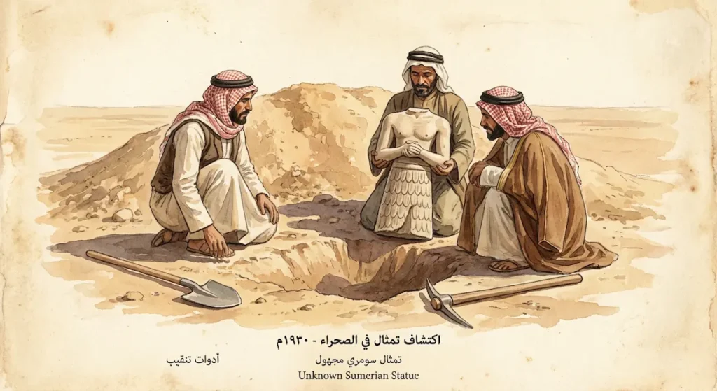 رسم توثيقي يُظهر بدواً سوريين يعثرون على تمثال حجري مقطوع الرأس أثناء حفر قبر في تل الحريري عام 1933