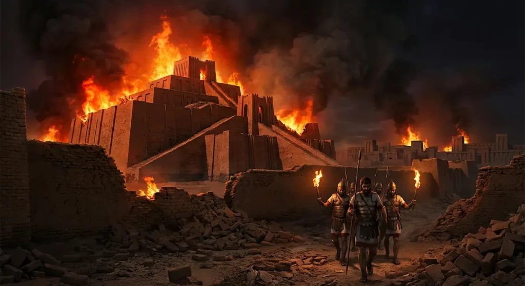 مشهد تخيلي دراماتيكي لتدمير مدينة ماري وحرق القصر الملكي على يد جيش حمورابي البابلي عام 1759 قبل الميلاد