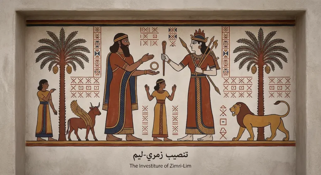 إعادة رسم تخيلية للوحة تنصيب زمري-ليم تُظهر الملك وهو يتلقى شارات السلطة من الإلهة عشتار محاطين بآلهة وحيوانات حارسة