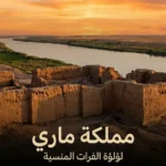 صورة غلاف تُظهر أطلال تل الحريري الأثري عند غروب الشمس على ضفاف نهر الفرات في سوريا مع عنوان مملكة ماري