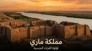 صورة غلاف تُظهر أطلال تل الحريري الأثري عند غروب الشمس على ضفاف نهر الفرات في سوريا مع عنوان مملكة ماري