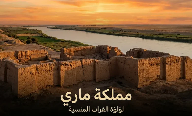صورة غلاف تُظهر أطلال تل الحريري الأثري عند غروب الشمس على ضفاف نهر الفرات في سوريا مع عنوان مملكة ماري