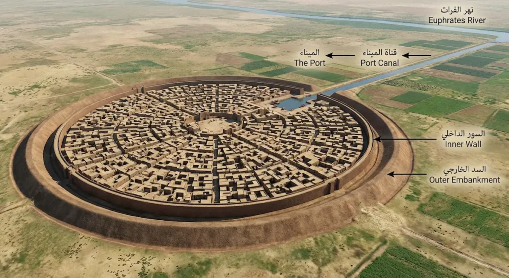 مخطط ثلاثي الأبعاد يُظهر التصميم الدائري لمدينة ماري القديمة مع السورين الدفاعيين وقناة الميناء المتصلة بنهر الفرات