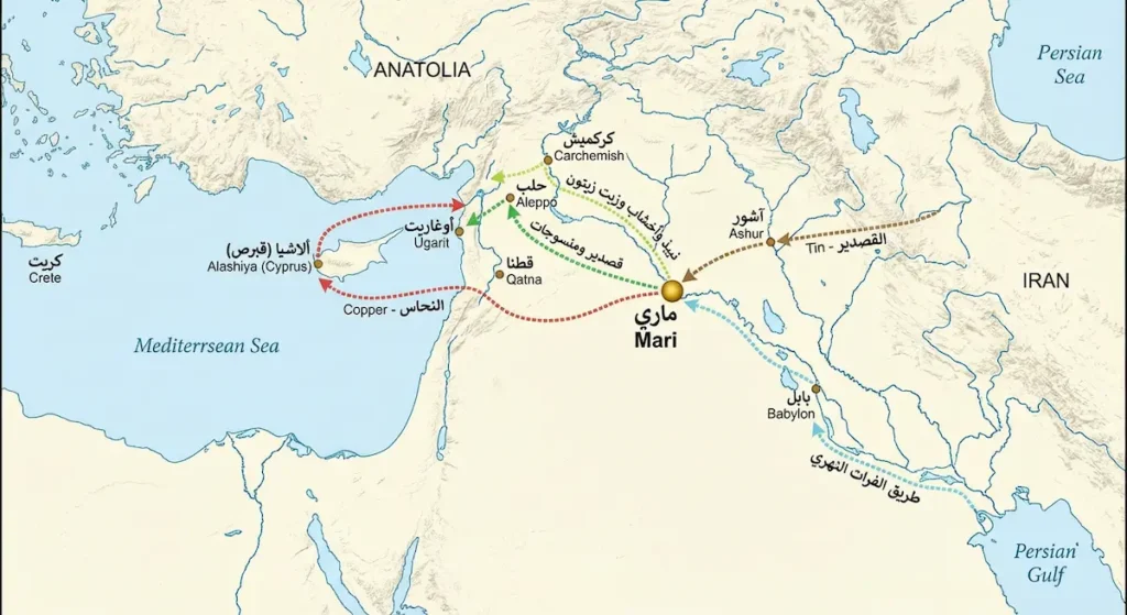 خريطة توضيحية تُظهر شبكة طرق التجارة التي سيطرت عليها مملكة ماري من إيران شرقاً إلى قبرص وكريت غرباً