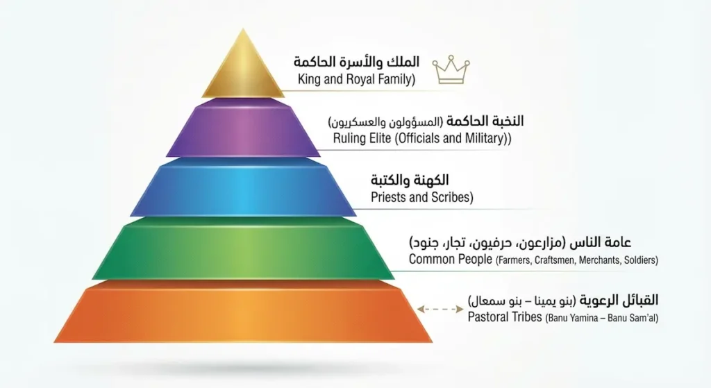 رسم هرمي يوضح البنية الاجتماعية في مملكة ماري من الملك في القمة إلى عامة الناس والقبائل الرعوية في القاعدة