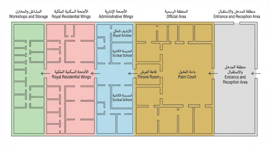 مخطط أرضي ملون يوضح توزيع الأقسام الوظيفية في قصر ماري من المنطقة الرسمية إلى الأجنحة الإدارية والسكنية والمخازن