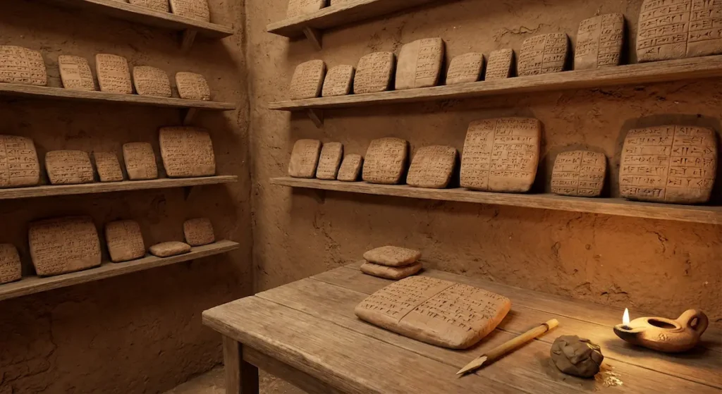 مشهد تخيلي واقعي لغرفة أرشيف في قصر ماري تُظهر ألواحاً طينية مسمارية مرتبة على رفوف خشبية مع أدوات الكتابة