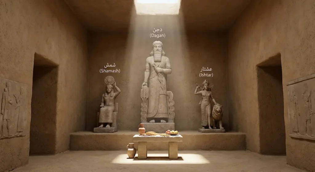 تصوير تخيلي لداخل معبد في ماري يُظهر تماثيل الآلهة الثلاثة الرئيسية دجن وعشتار وشمش مع مذبح القرابين