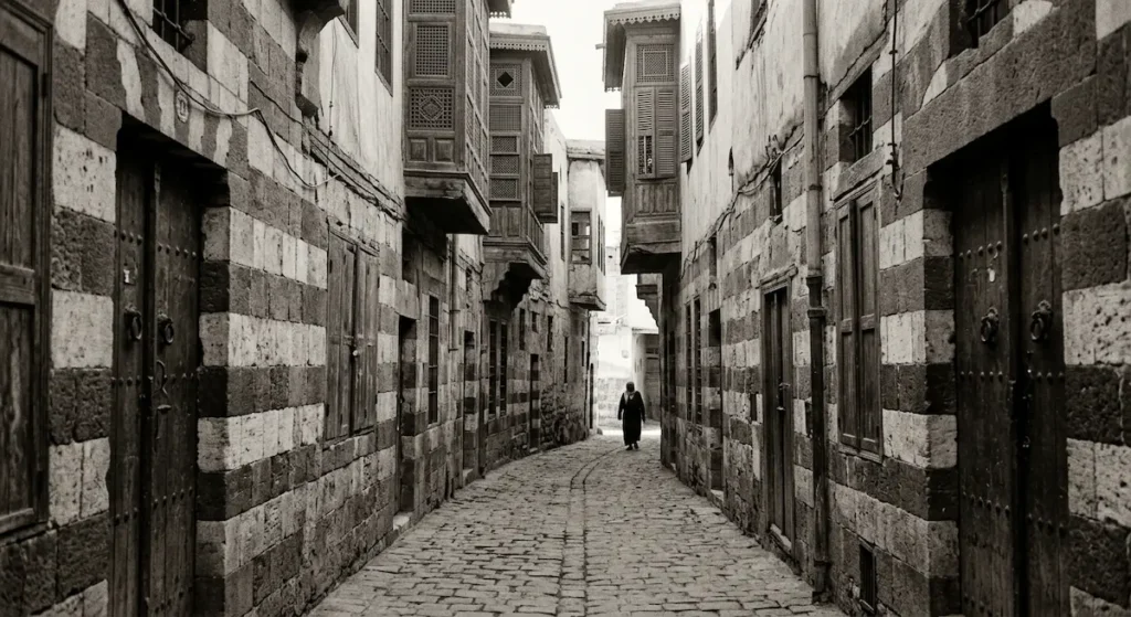 زقاق ضيق في حي الأمين بدمشق القديمة في ثلاثينيات القرن العشرين يُظهر الجدران الحجرية والأبواب الخشبية القديمة