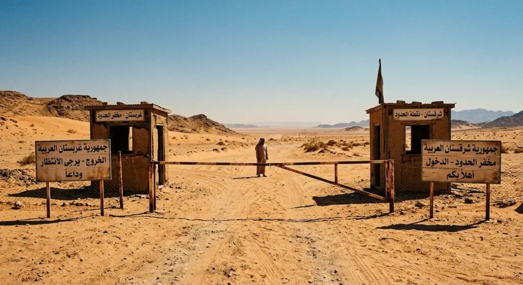مشهد حدود من فيلم الحدود يُظهر نقطة حدودية صحراوية بين غربستان وشرقستان مع حاجز وكشك حراسة