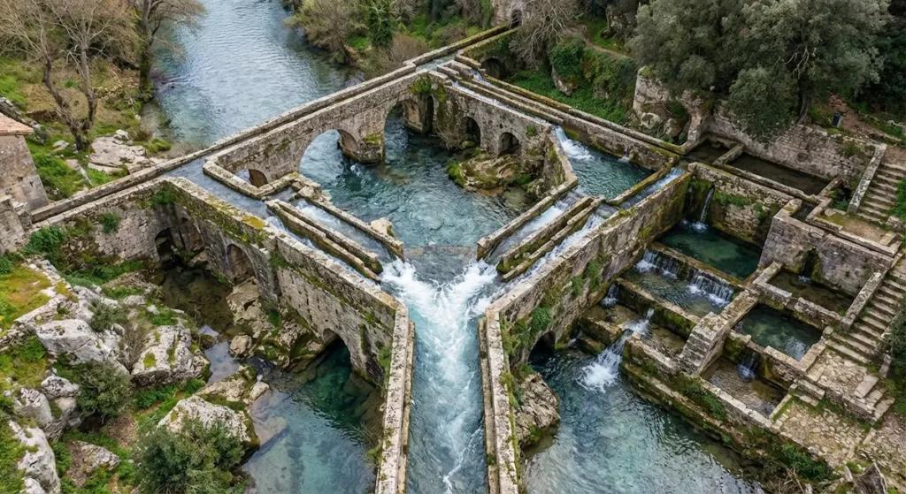 قناة مائية حجرية قديمة تقسم تيار نهر رئيسي إلى عدة قنوات فرعية متدرجة الارتفاع.