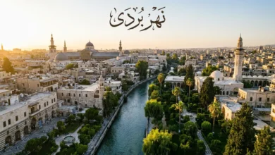 مشهد بانورامي لمدينة دمشق القديمة يخترقها نهر بردى مع مساحات خضراء، ومكتوب عليها نهر بردى.